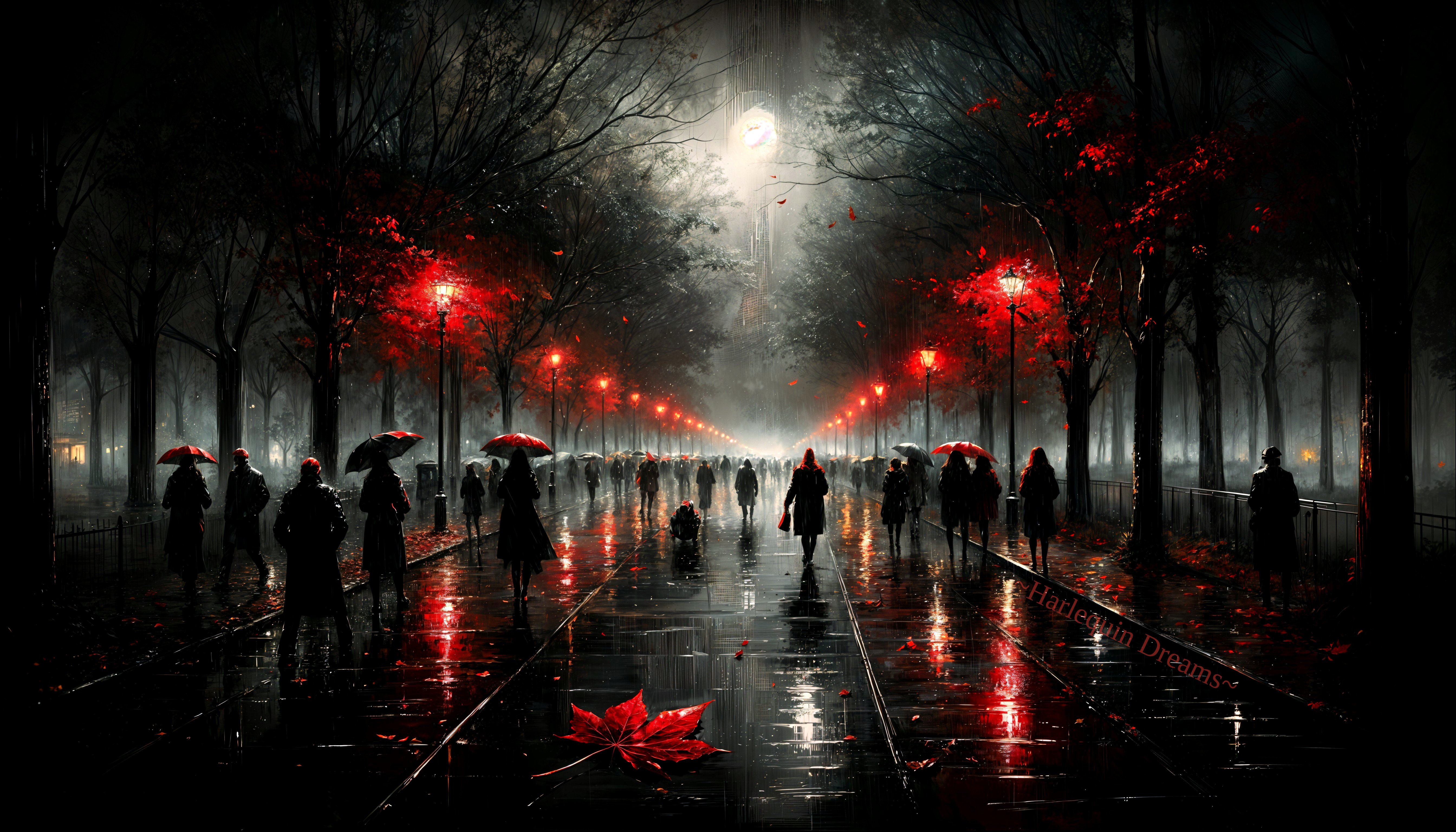Misty Street Scene with Umbrellas and Autumn Leaves