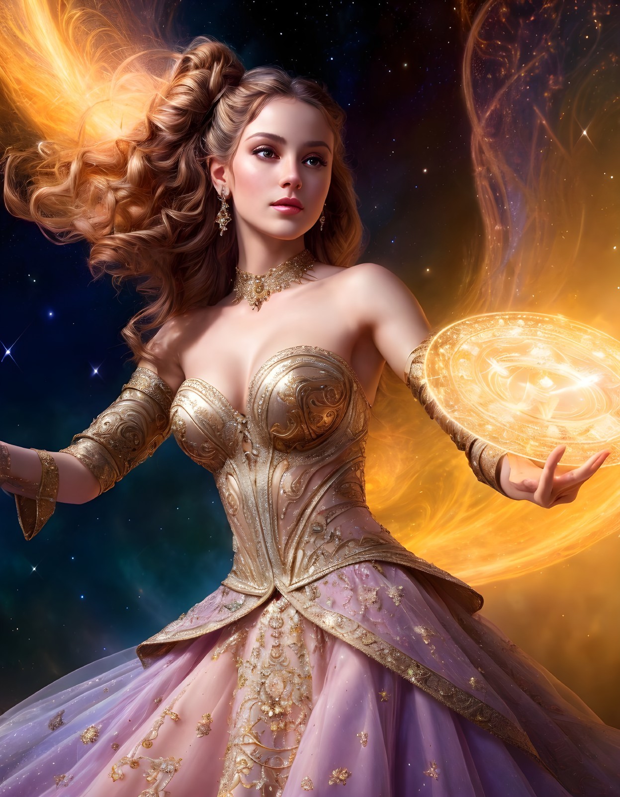 Ethereal woman in golden corset with cosmic orb and flowing pink skirt