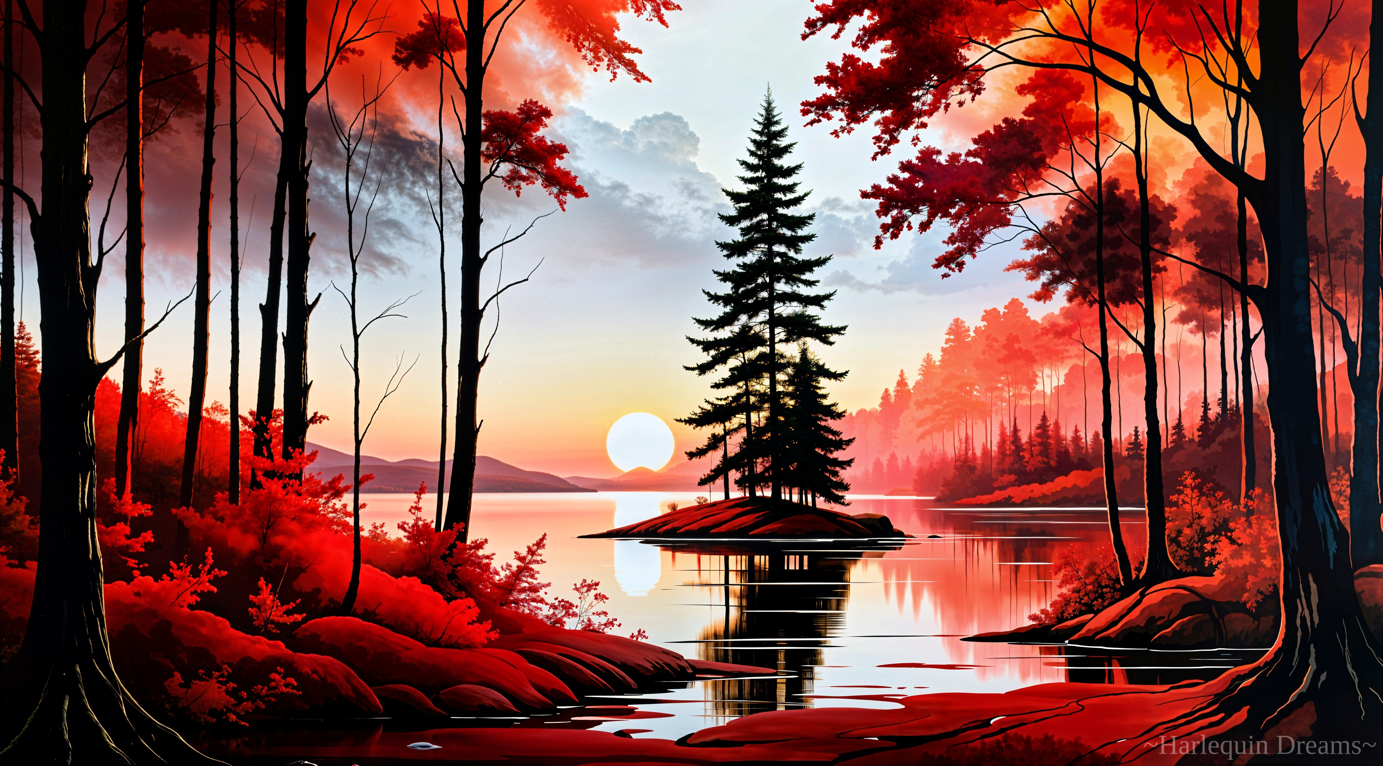 Serene sunset landscape with tranquil lake reflections