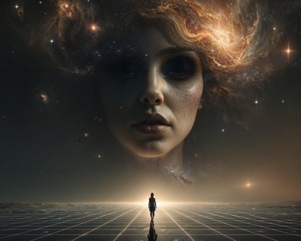 Solitary figure on glowing grid under cosmic face