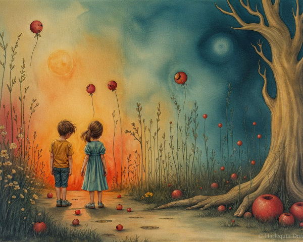 Children on a path under a surreal sunset landscape