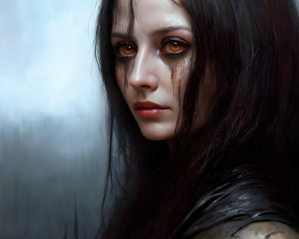 Portrait of a Young Woman with Amber Eyes and Dark Hair