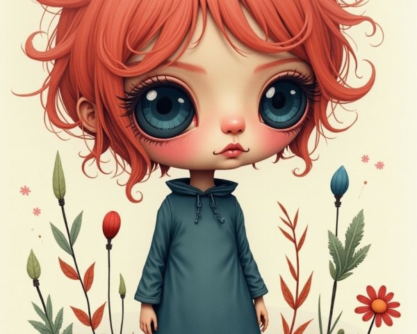 Whimsical Character Surrounded by Colorful Flowers