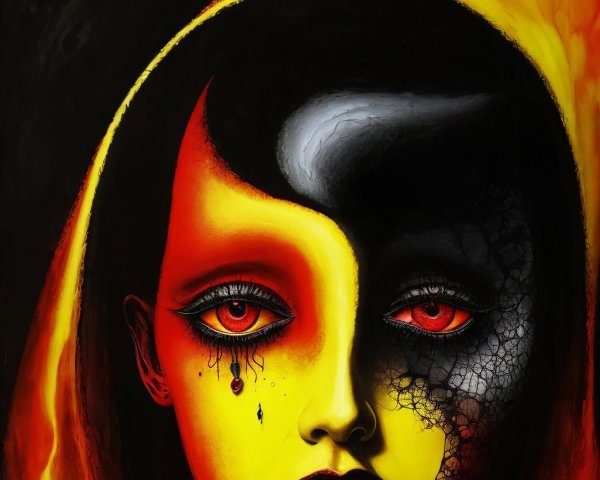 Portrait of a Woman with Dual-Toned Skin and Red Eyes