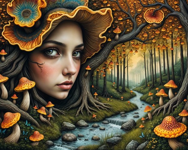 Fantasy Scene of Young Woman in Mushroom Hat