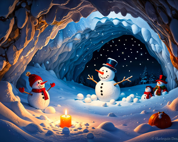 Cheerful Snowmen in a Cozy Ice Cave with Pumpkin
