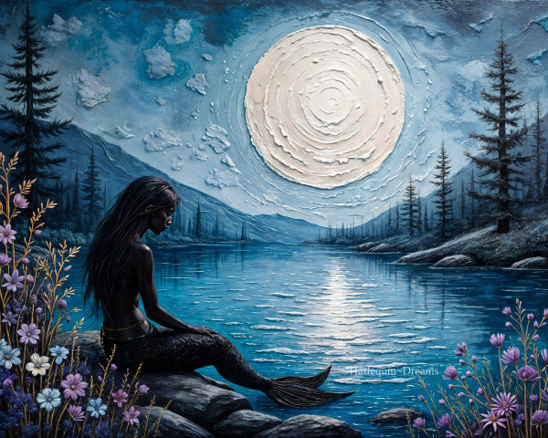 Mermaid by a Tranquil Lake Under a Full Moon