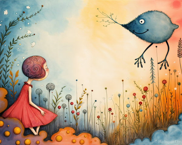Whimsical Scene of Girl and Friendly Blue Creature