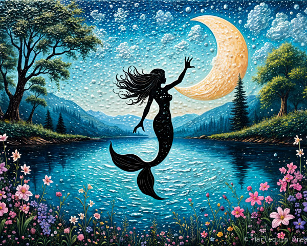 Serene Moonlit Landscape with Mermaid and Night Sky