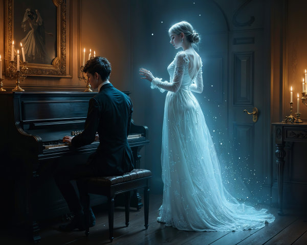 Musician at Grand Piano with Ethereal Ghostly Figure