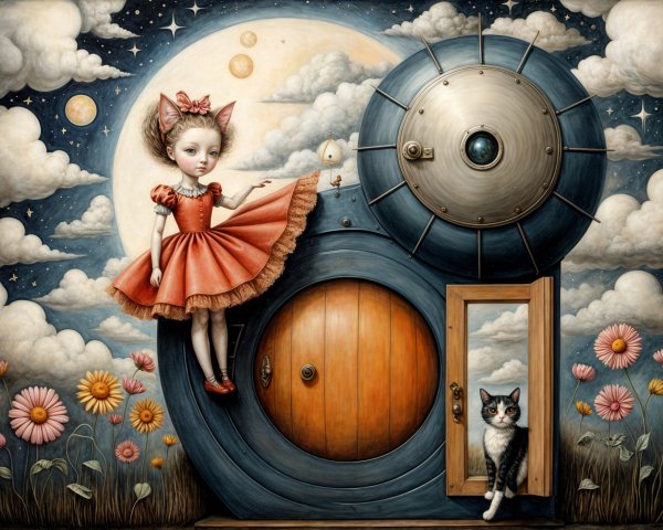 Whimsical Scene of Girl with Cat Ears and Gear Door