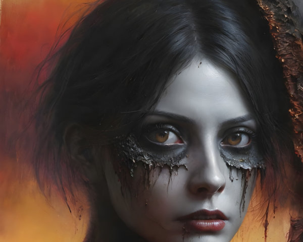 Hauntingly Beautiful Woman with Dark Features and Fire