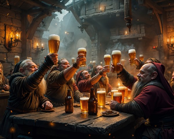 Dwarves Celebrating with Beer in a Rustic Tavern