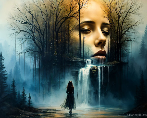 Mystical Waterfall and Ethereal Face in Forest Landscape