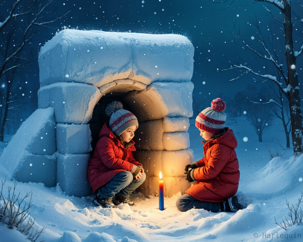 Children in a snow cave with candlelight ambiance