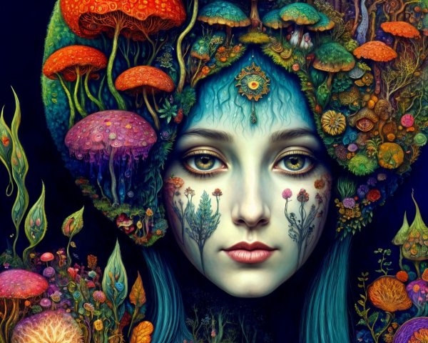 Surreal Portrait of Woman with Mushroom Crown