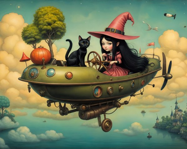Young witch in whimsical airship with black cat