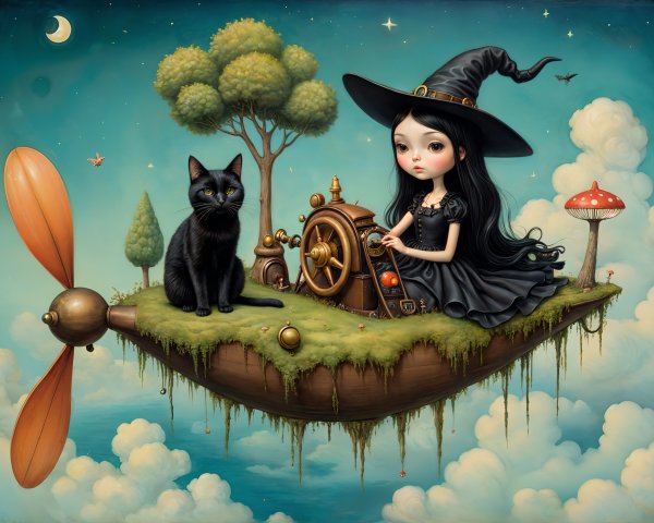 Whimsical Scene of a Girl in a Steampunk Airship