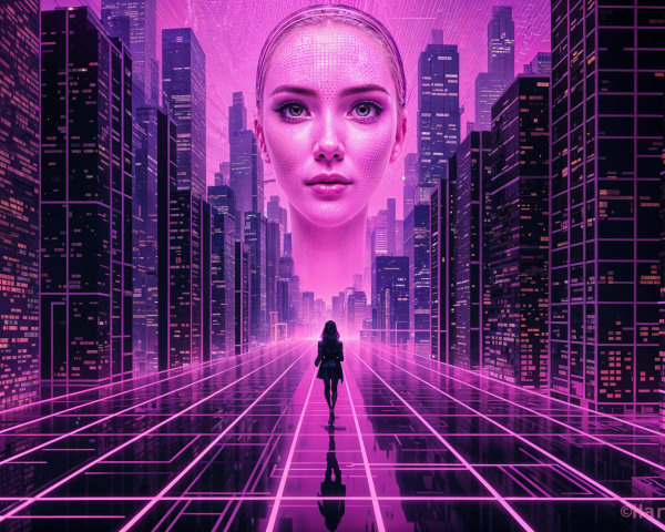 Futuristic cityscape with pink hues and digital face