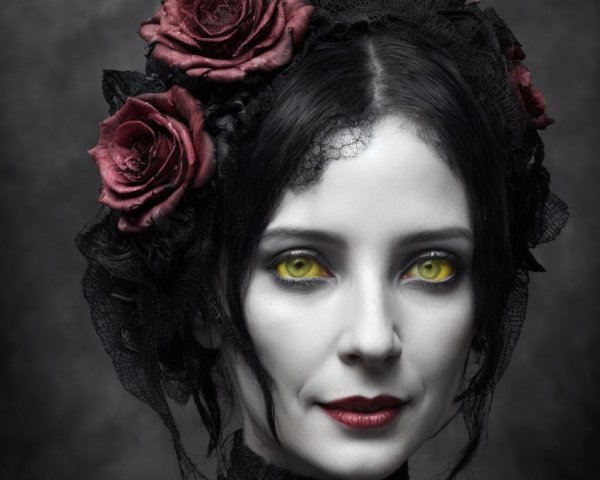 Gothic Woman with Snake Eyes and Black Lace Dress
