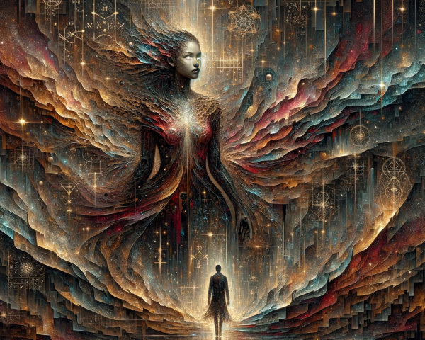 Cosmic Deity with Glowing Human Figure in Colorful Clouds