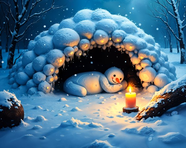 Whimsical Snowman in Cozy Igloo Winter Scene