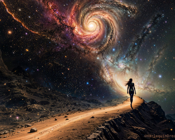 Silhouette of a Woman on a Cosmic Landscape Path