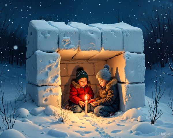 Children in a cozy igloo during a winter night