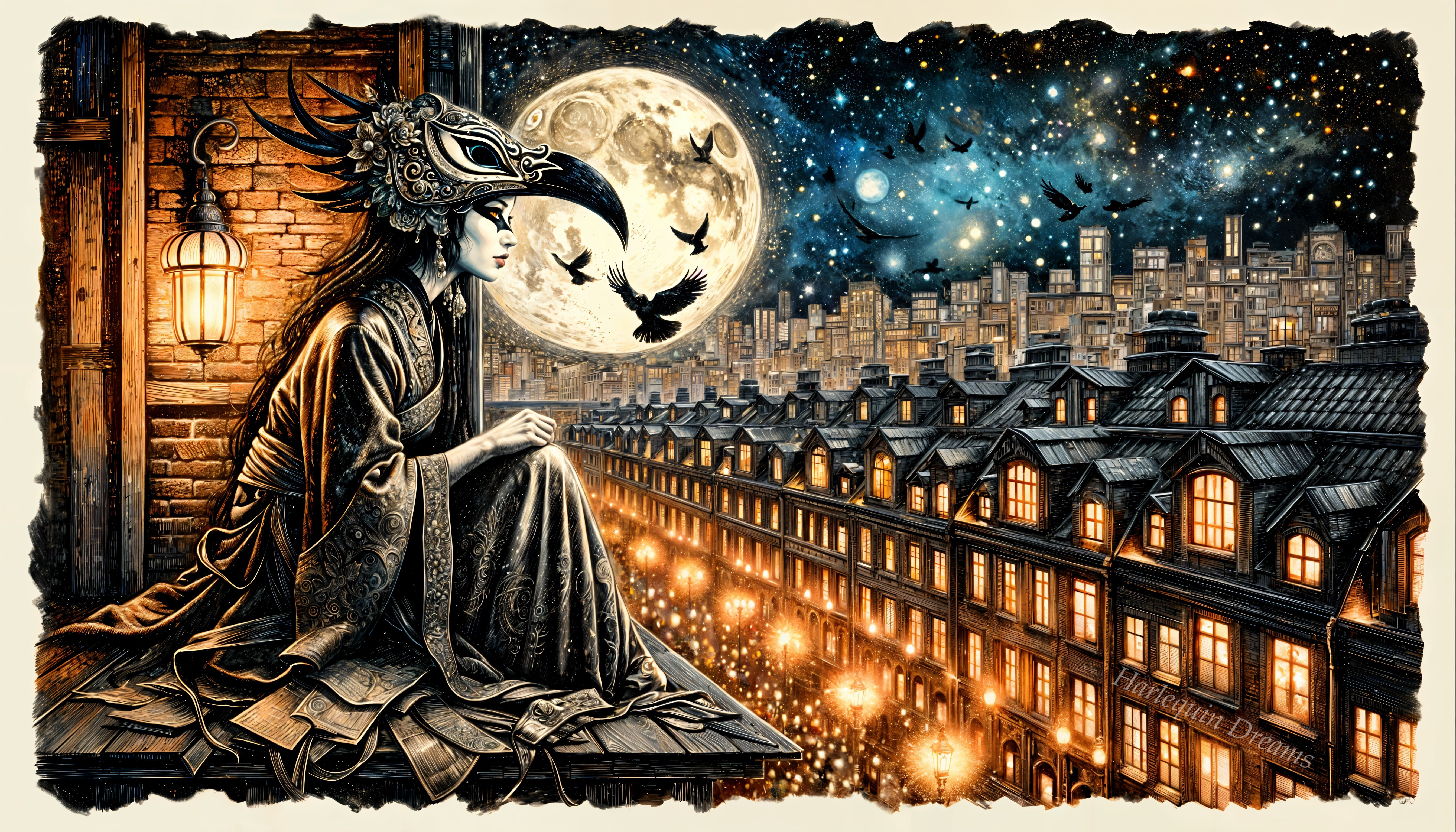 Woman in Mask Gazes at Moonlit Cityscape
