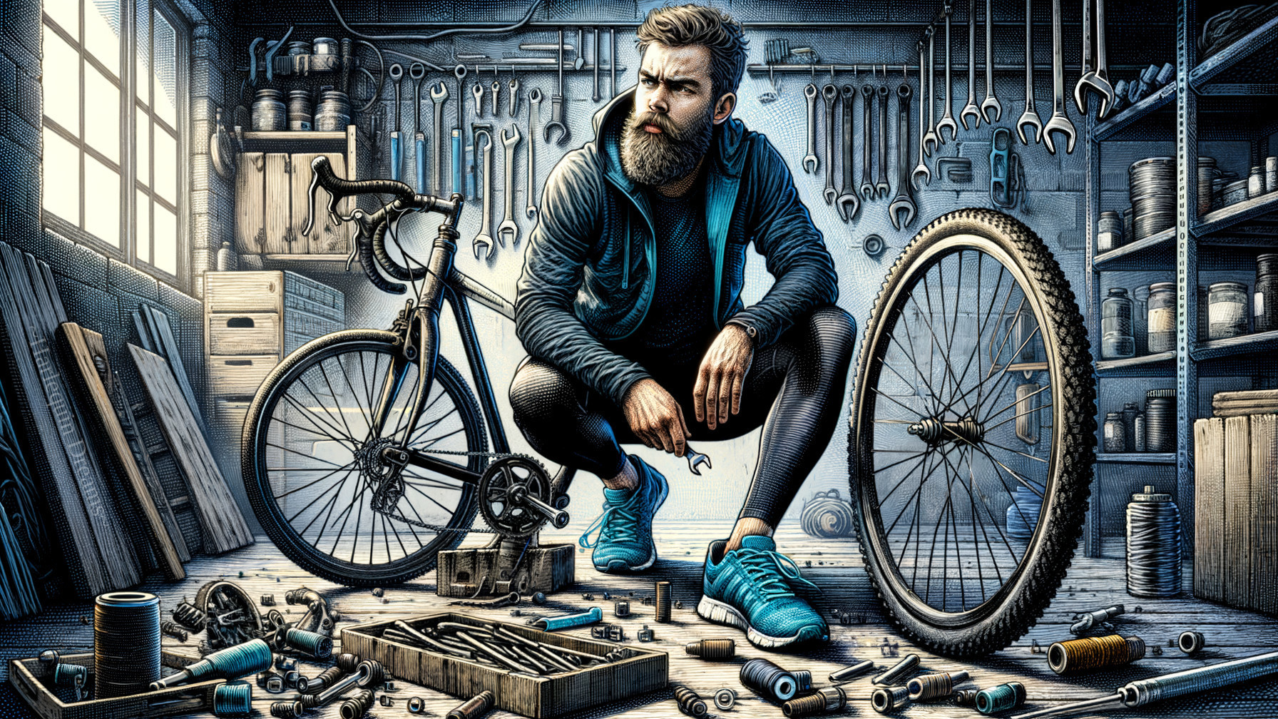Man with Beard in Workshop Working on Bicycle