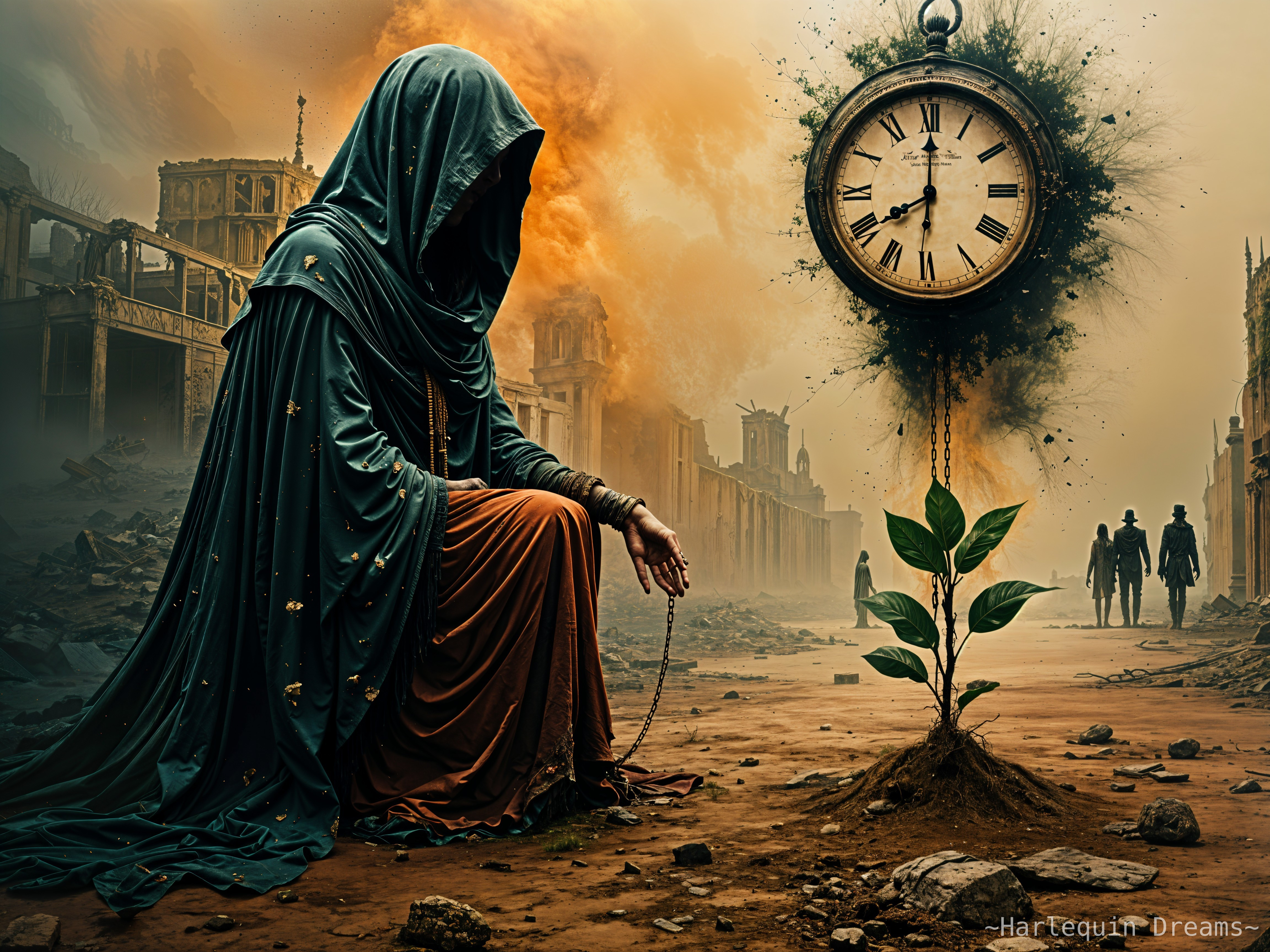 Cloaked Figure in Post-Apocalyptic Landscape with Clock