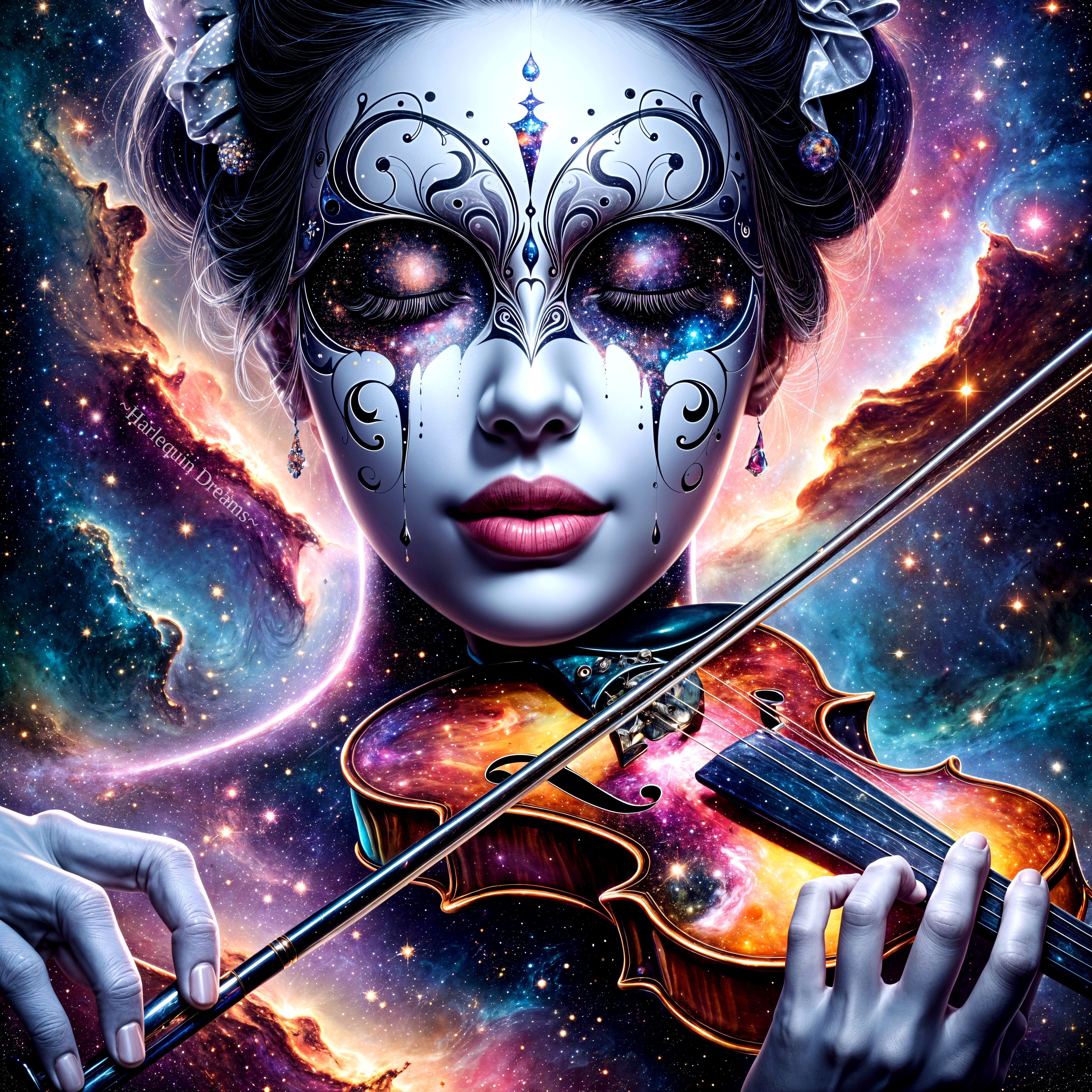 Surreal Woman Playing Violin with Cosmic Makeup