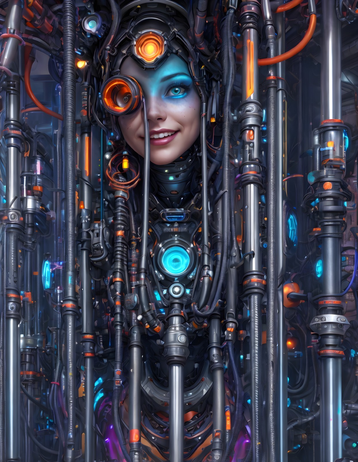 Smiling woman in futuristic setting with high-tech helmet