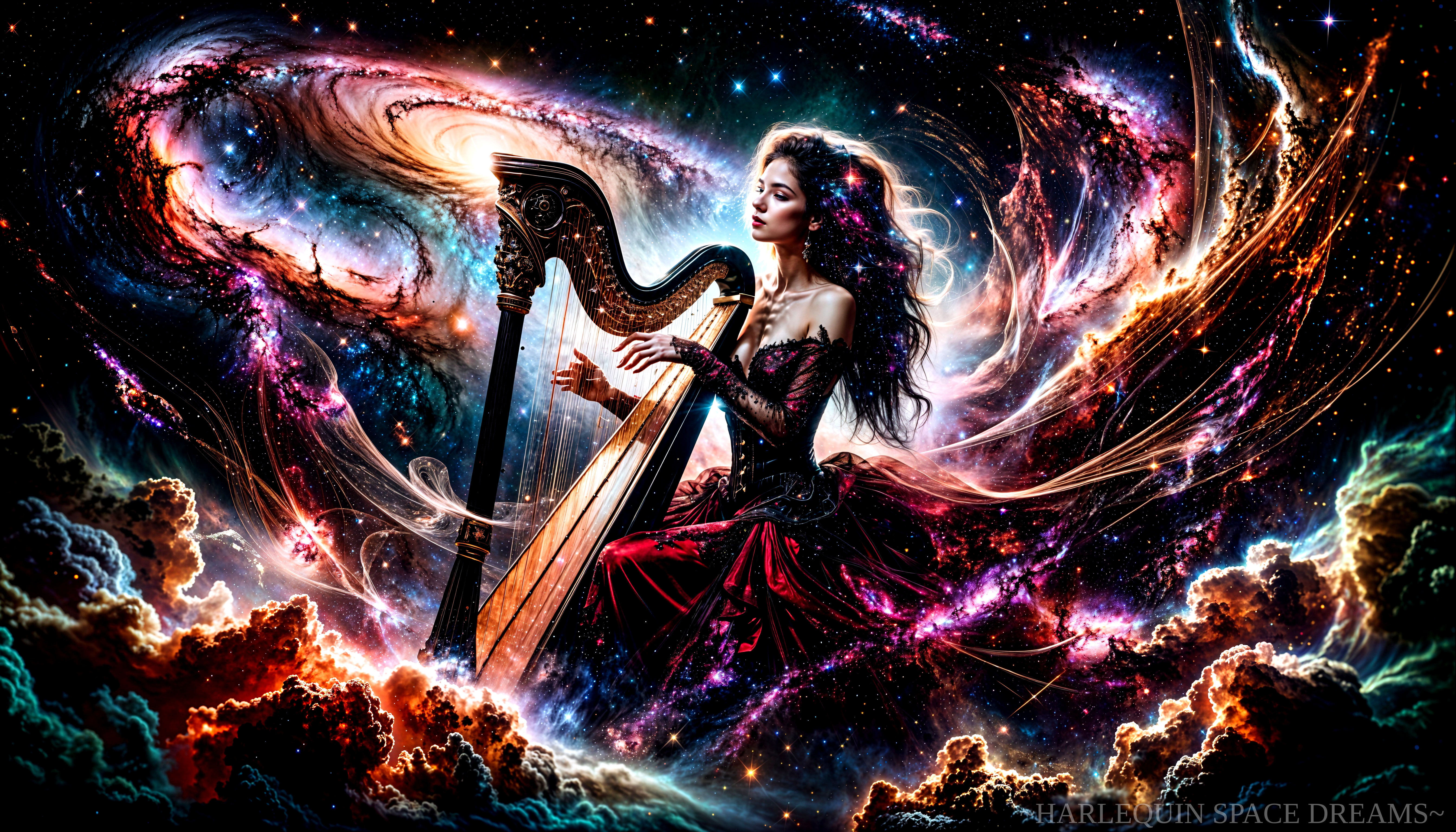 Cosmic Harpist in a Celestial Dreamscape