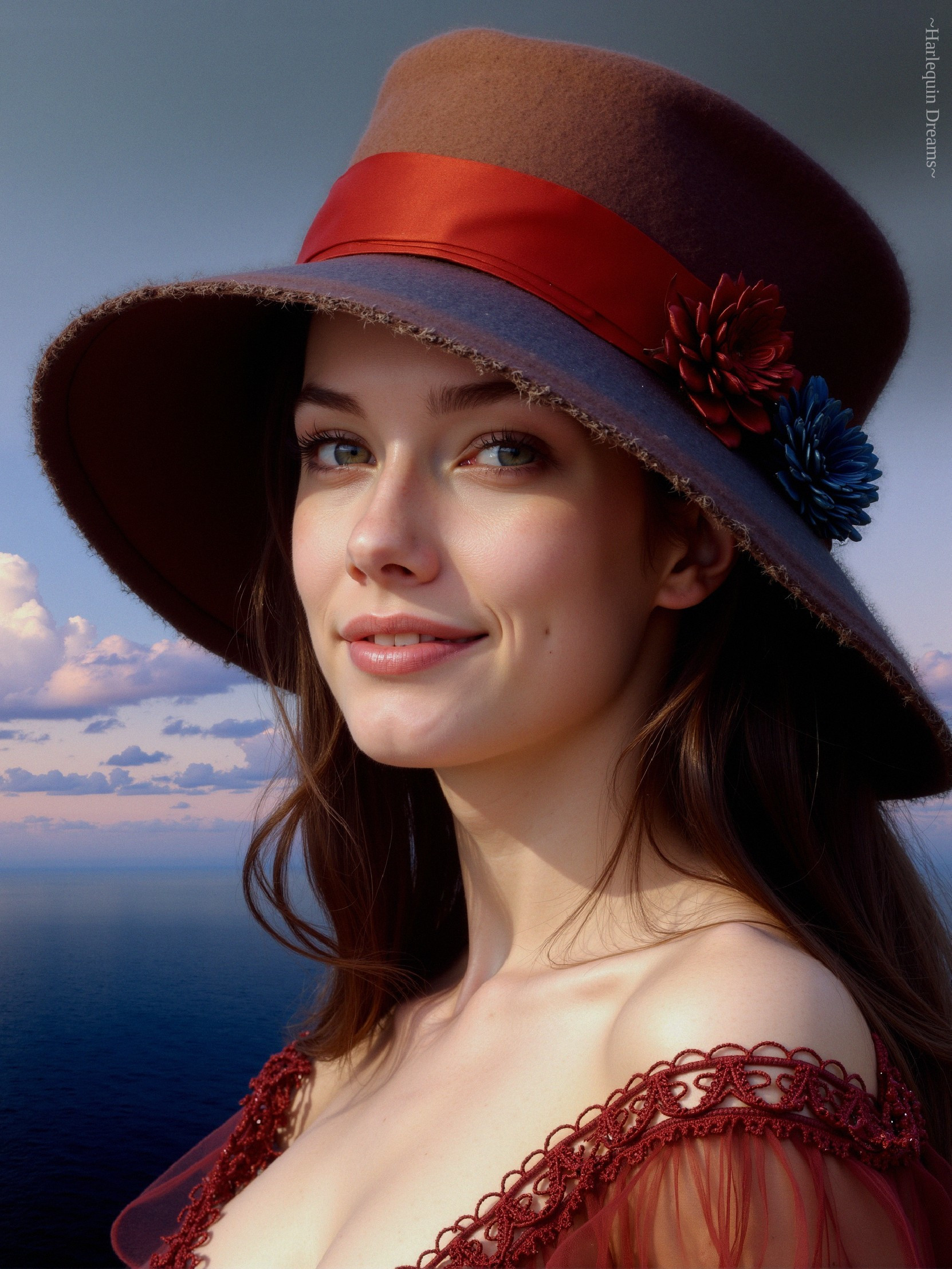 Young woman in hat with ocean and pastel sky backdrop
