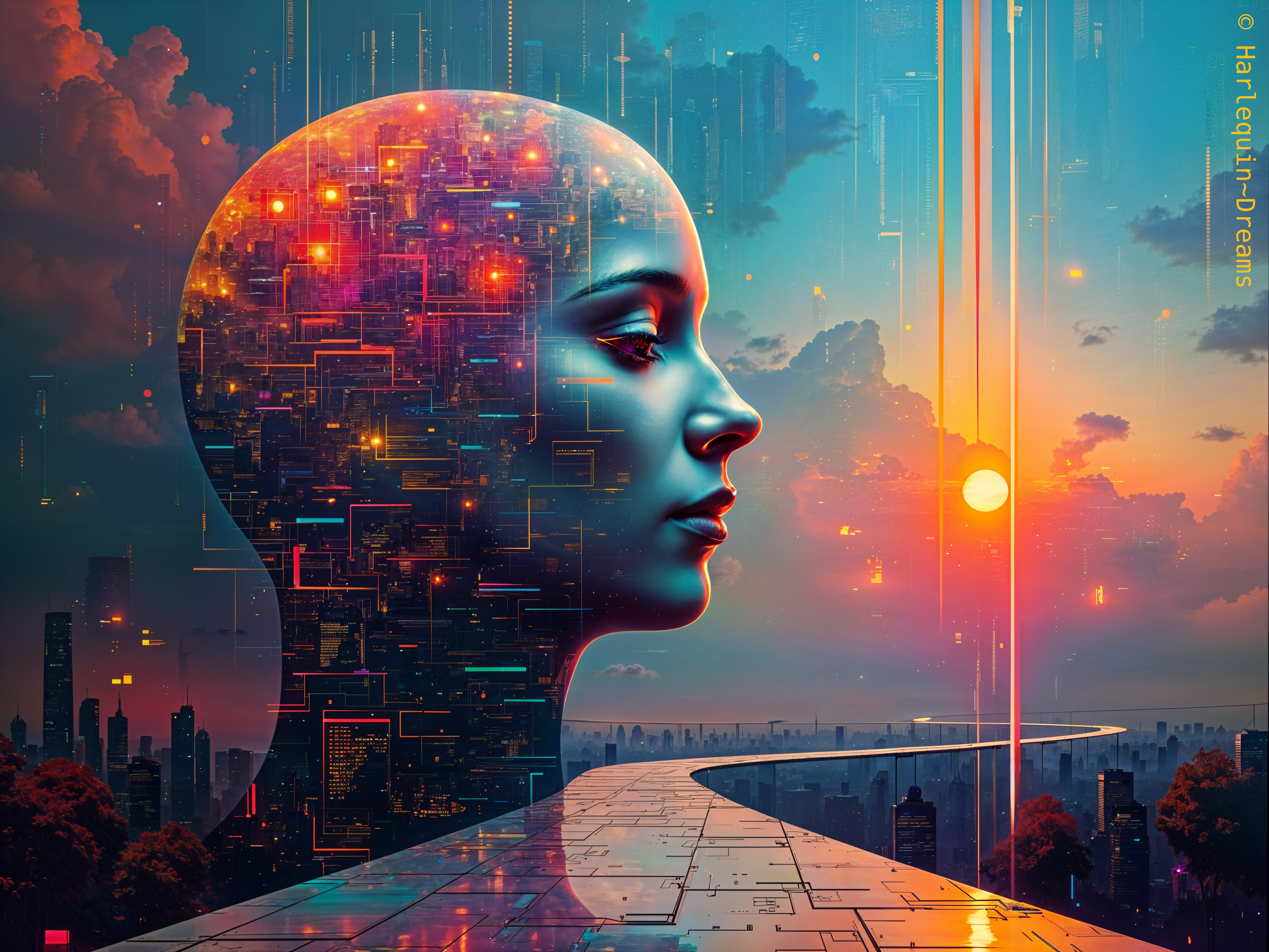 Futuristic Humanoid Head with Circuitry and Cityscape