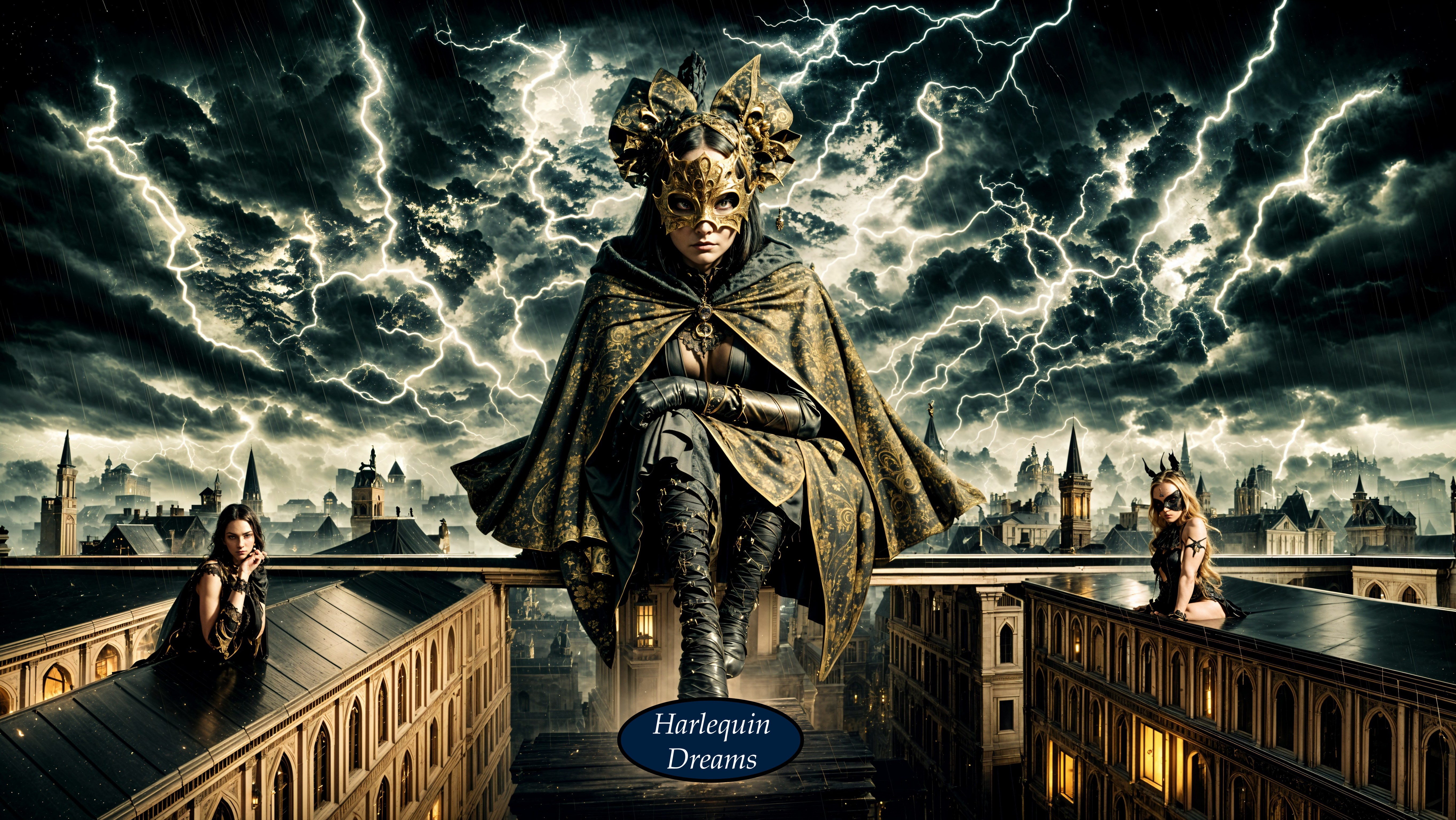 Dramatic Stormy Scene with Central Figure on Rooftop