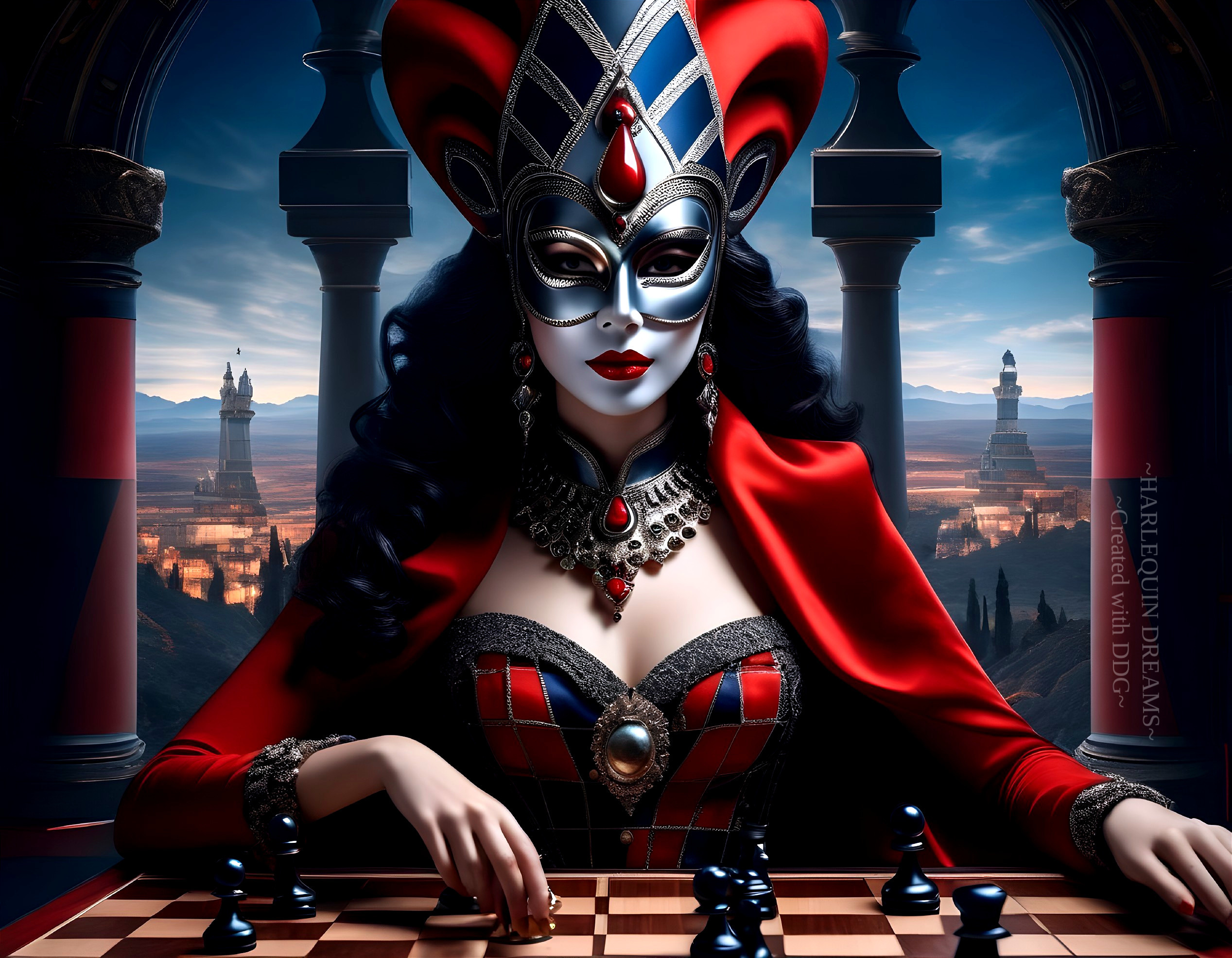 Regal Figure in Elaborate Costume Against Dramatic Landscape
