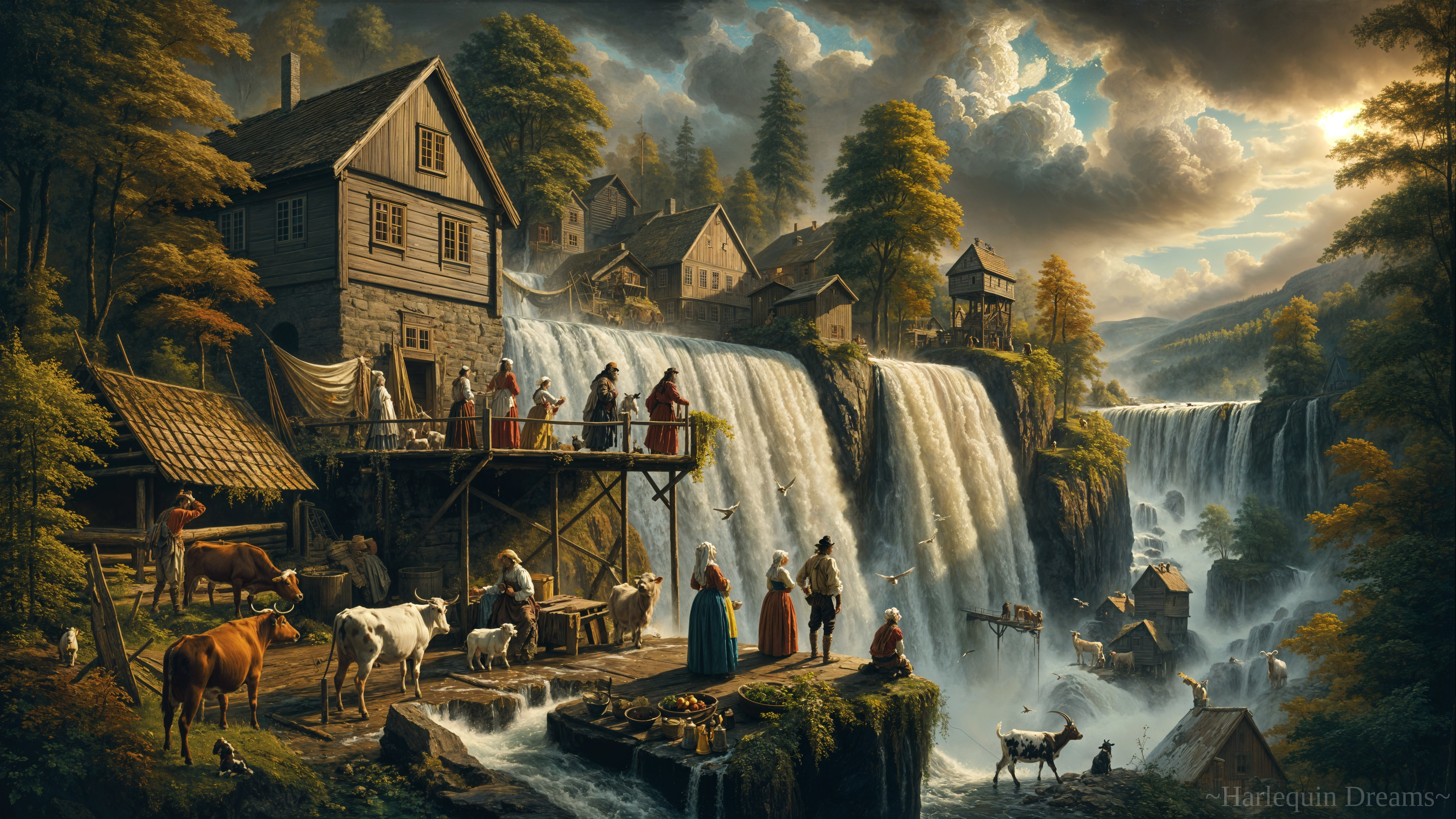 Serene Village Scene with Waterfalls and Daily Life