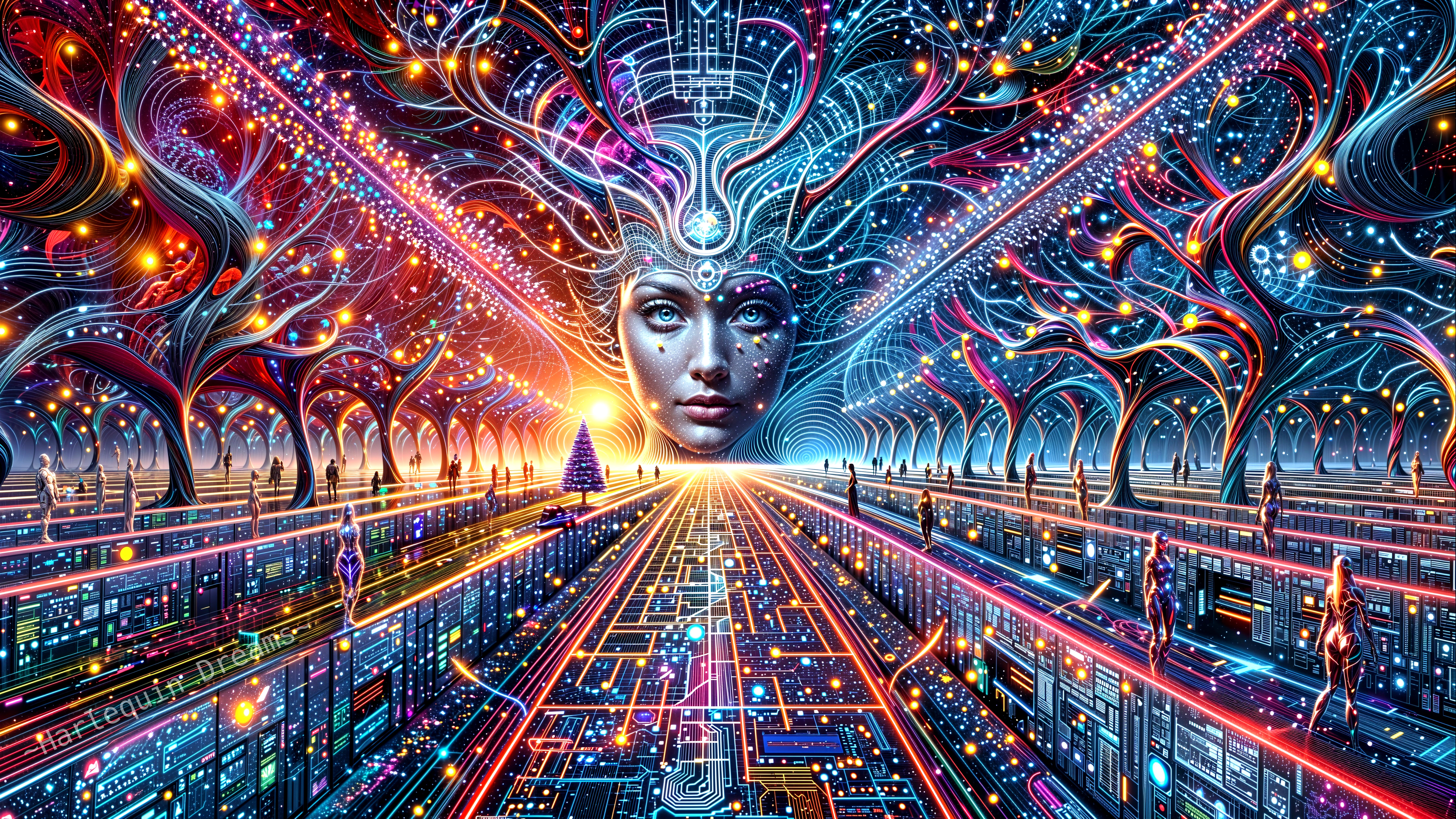 Surreal Digital Landscape with Ethereal Face and Light
