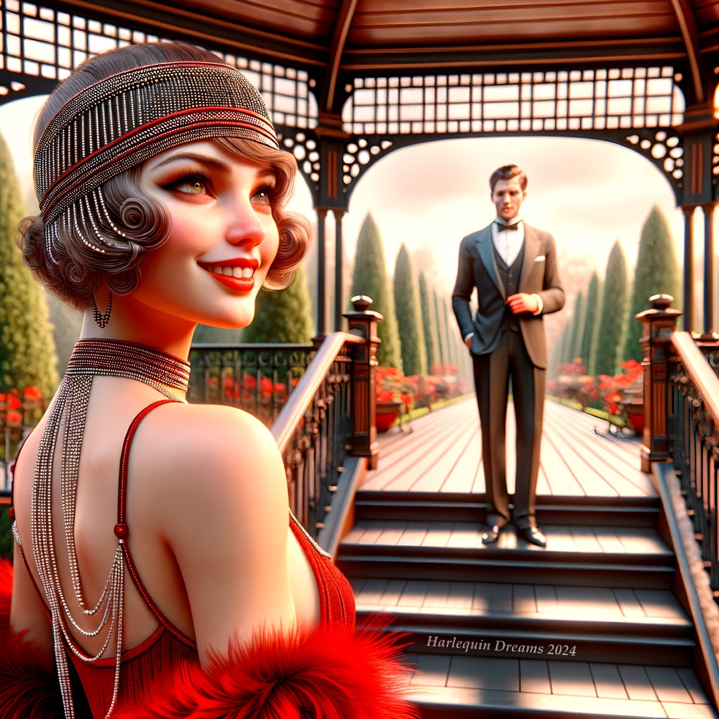 1920s Glamorous Couple in a Garden Setting