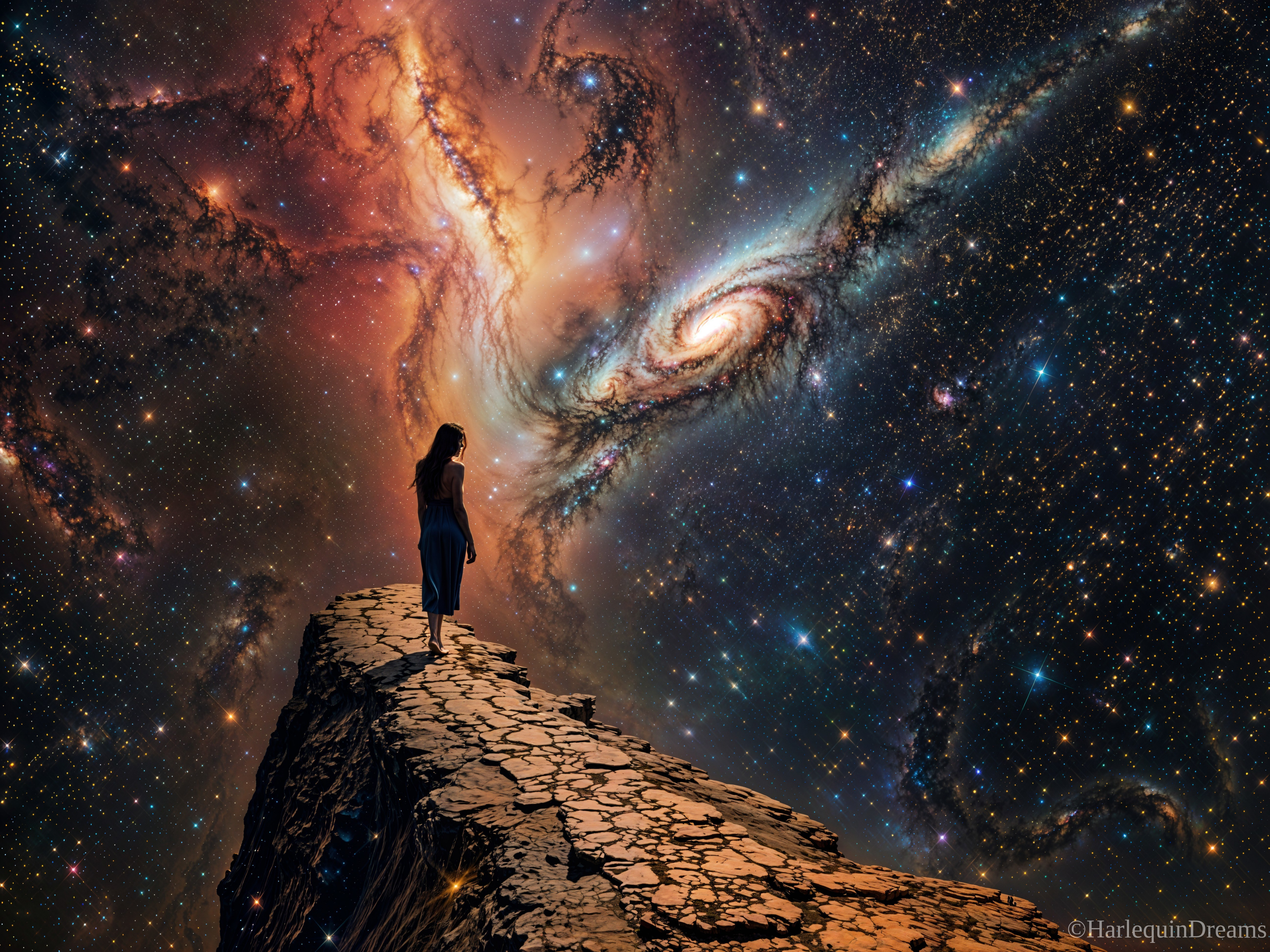 Lone Figure on Cliff Overlooking Cosmic Landscape