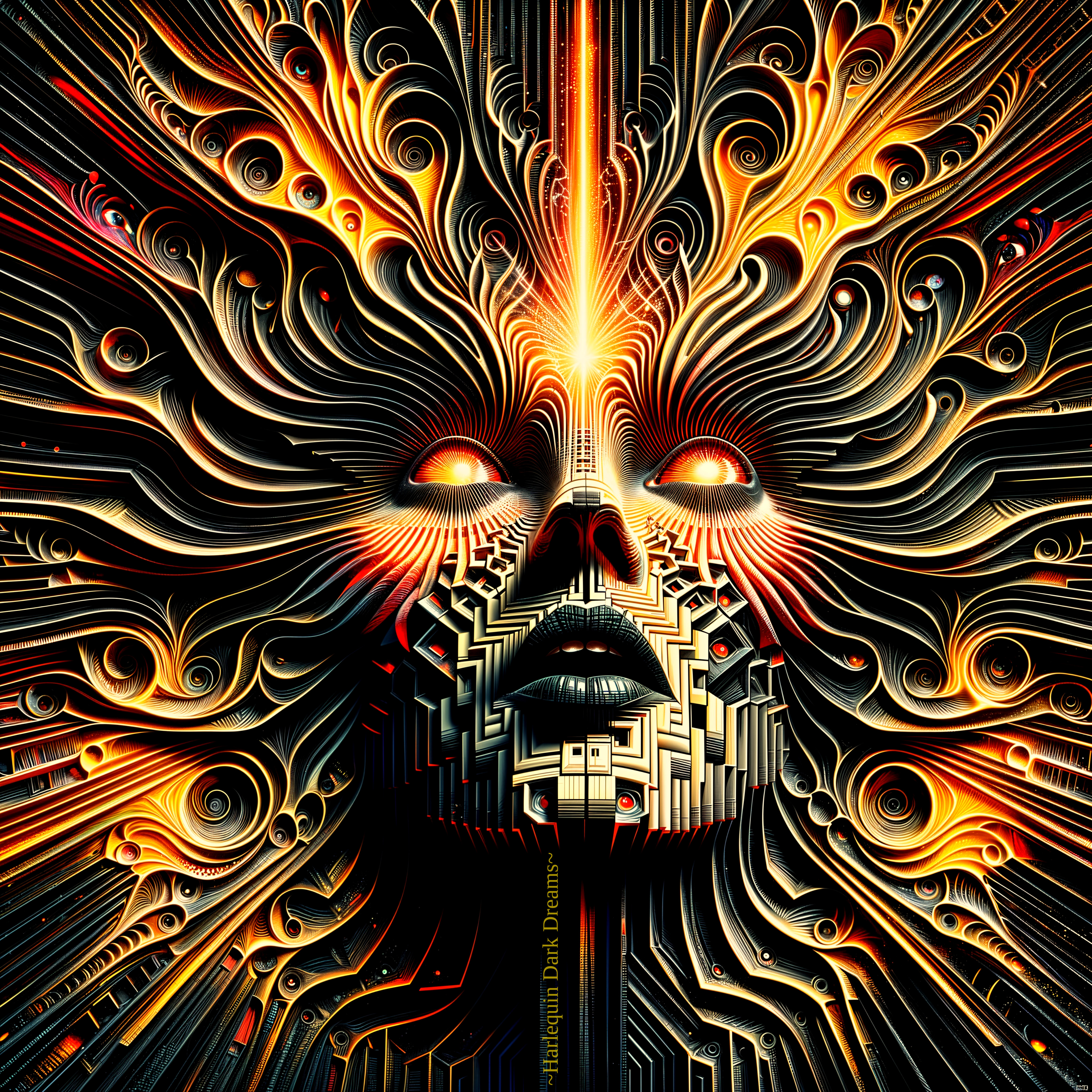 Surreal face with swirling patterns and vibrant colors