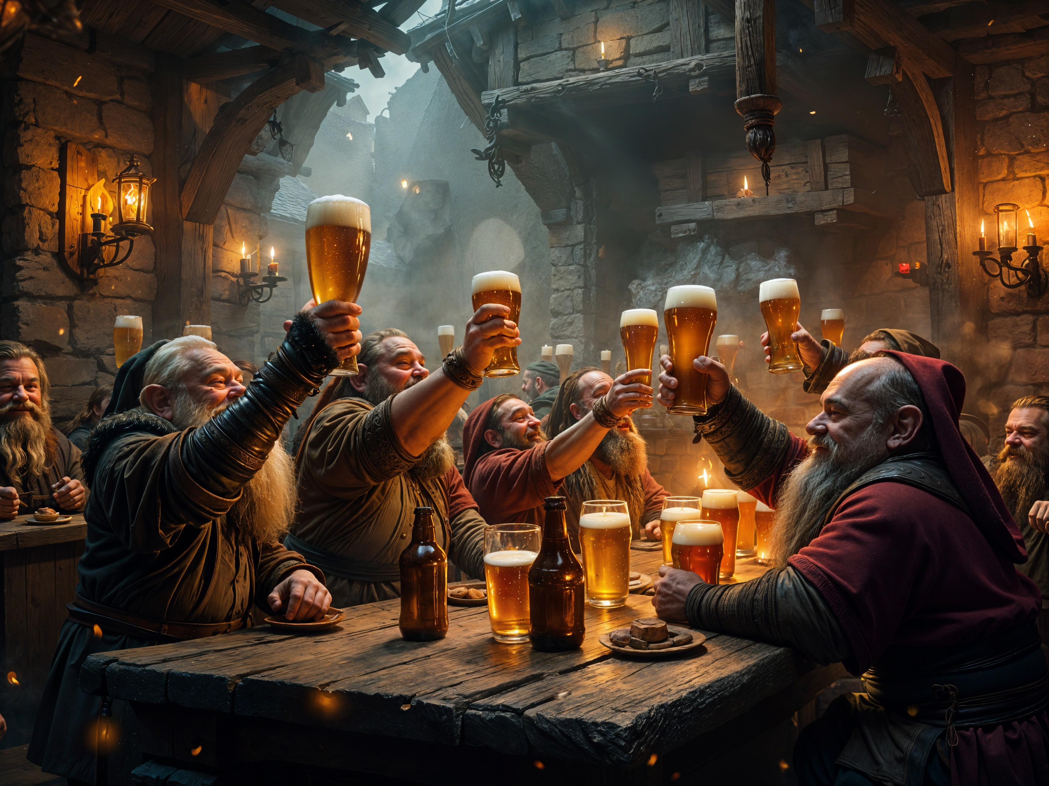 Dwarves Celebrating with Beer in a Rustic Tavern