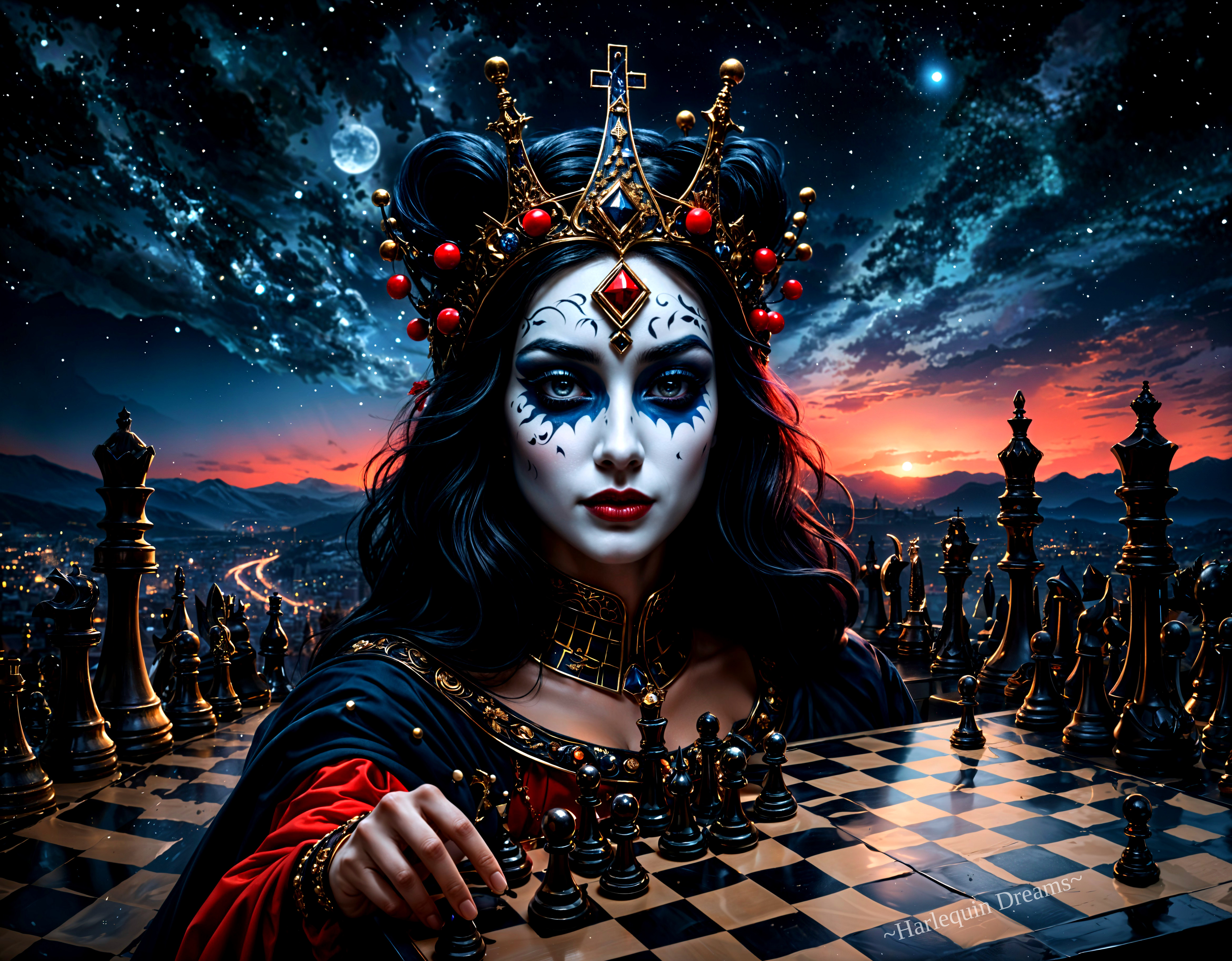 Regal Figure on Chessboard Under Starry Sky