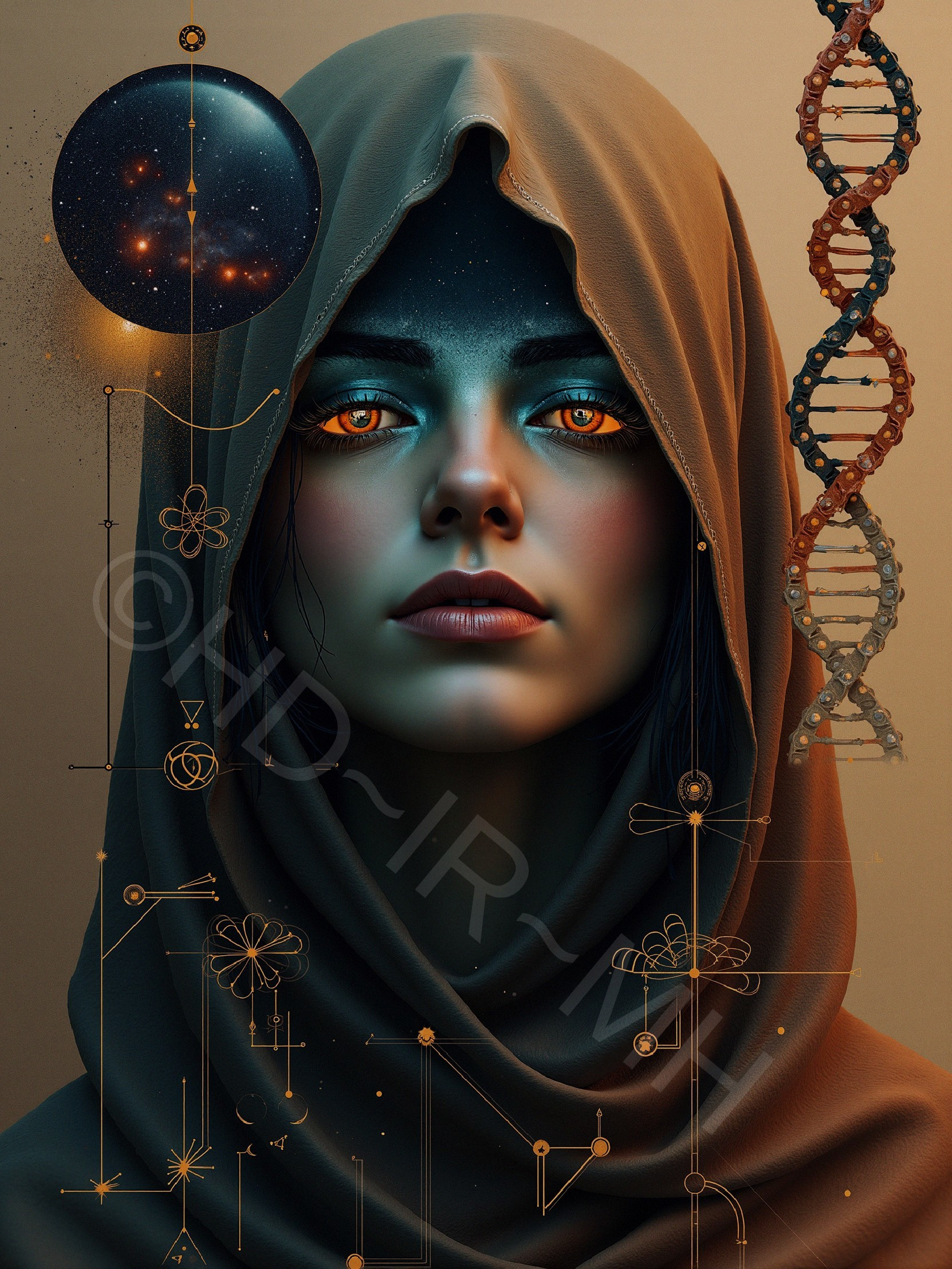 Mysterious Figure with Orange Eyes and Cosmic Symbols
