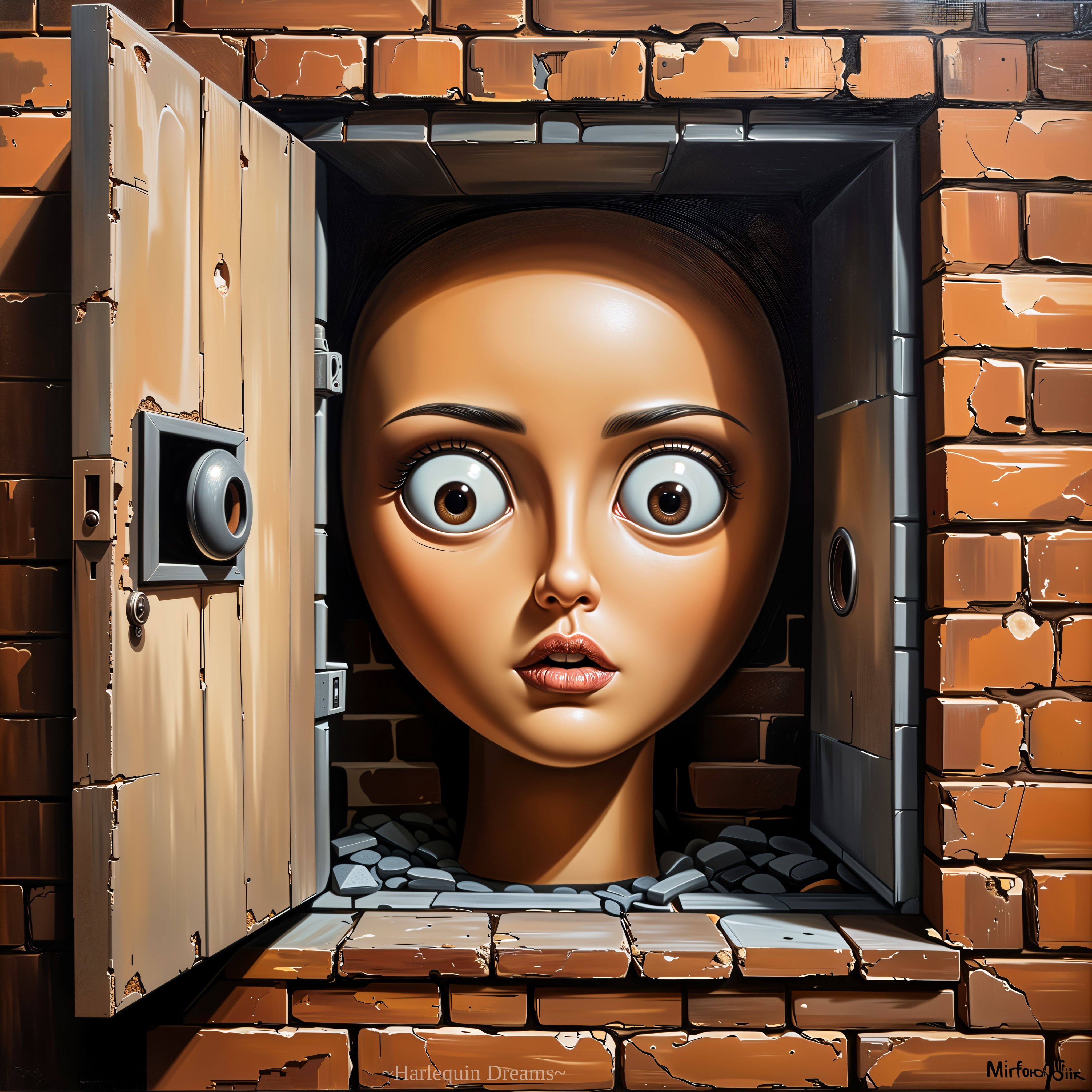 Surreal Human Head Emerging from Brick Wall Artwork