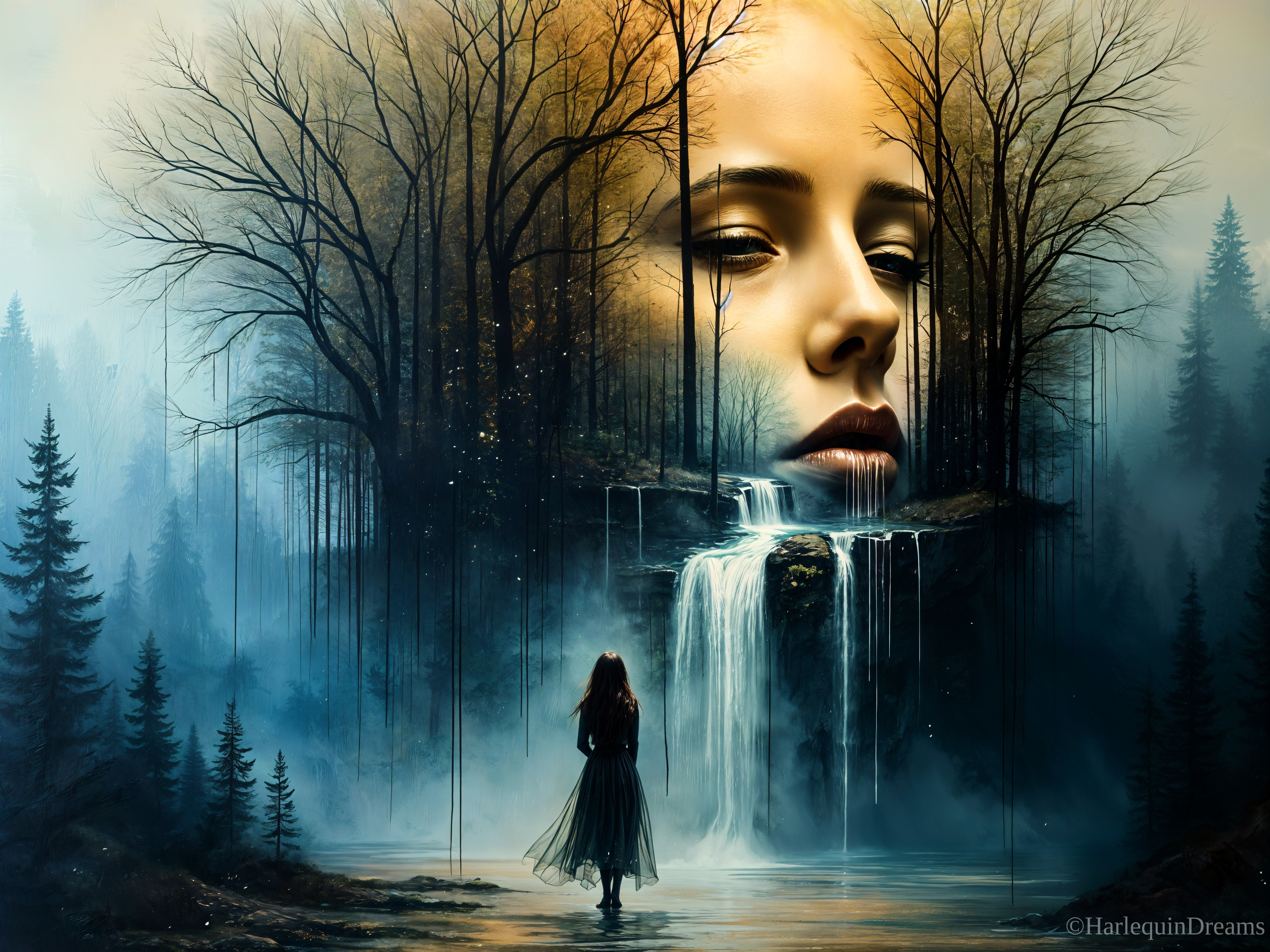 Mystical Waterfall and Ethereal Face in Forest Landscape
