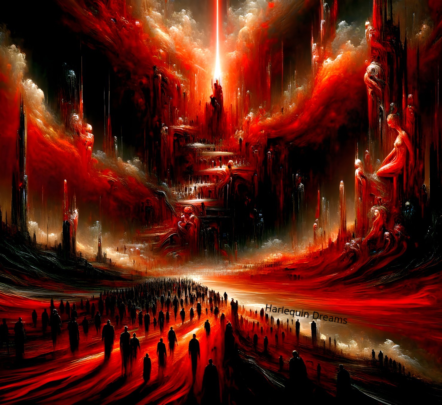 Surreal Landscape with Abstract Structures and Ethereal Figures