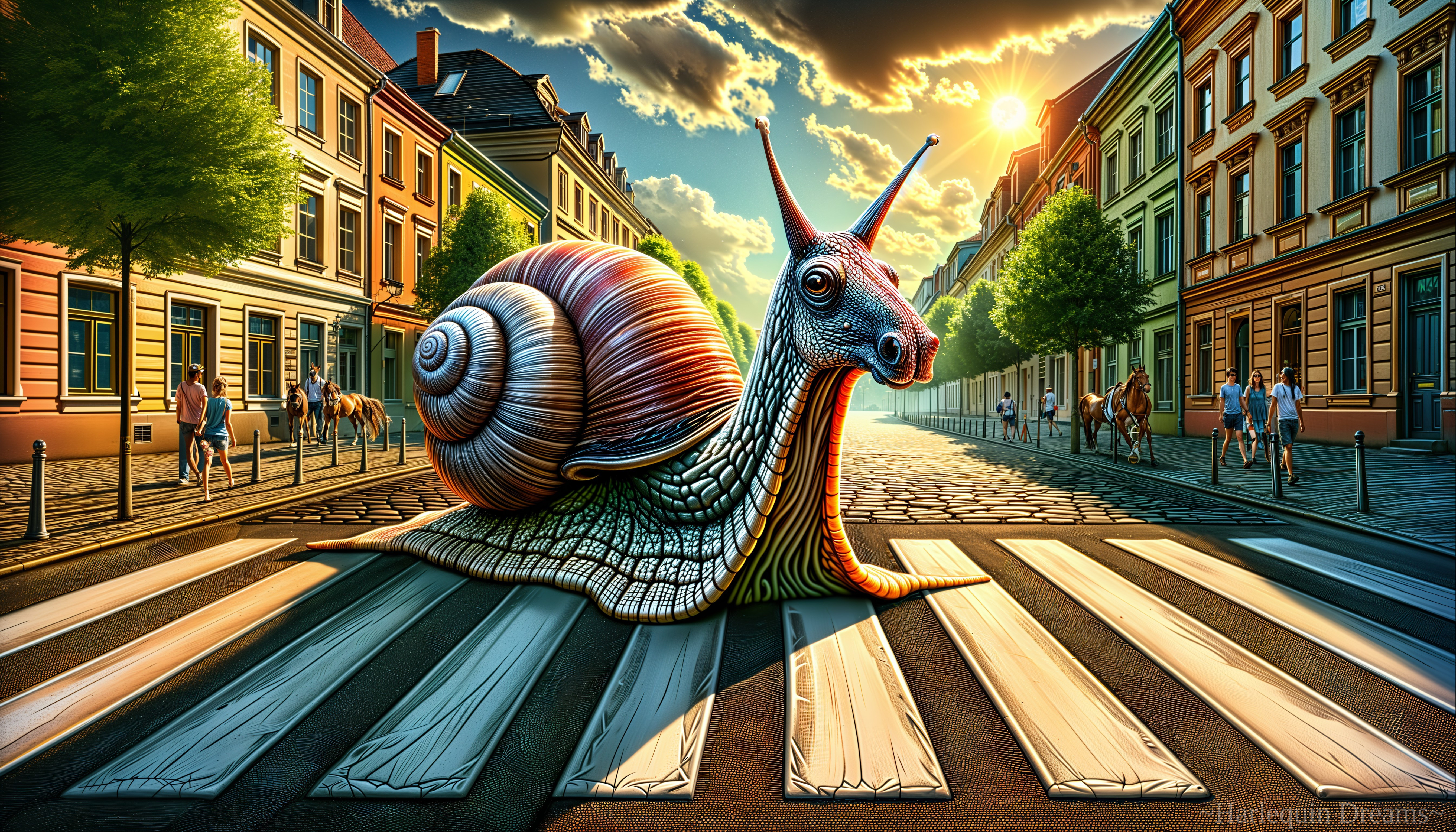 Vivid Snail on Cobblestone Street in Golden Sunlight